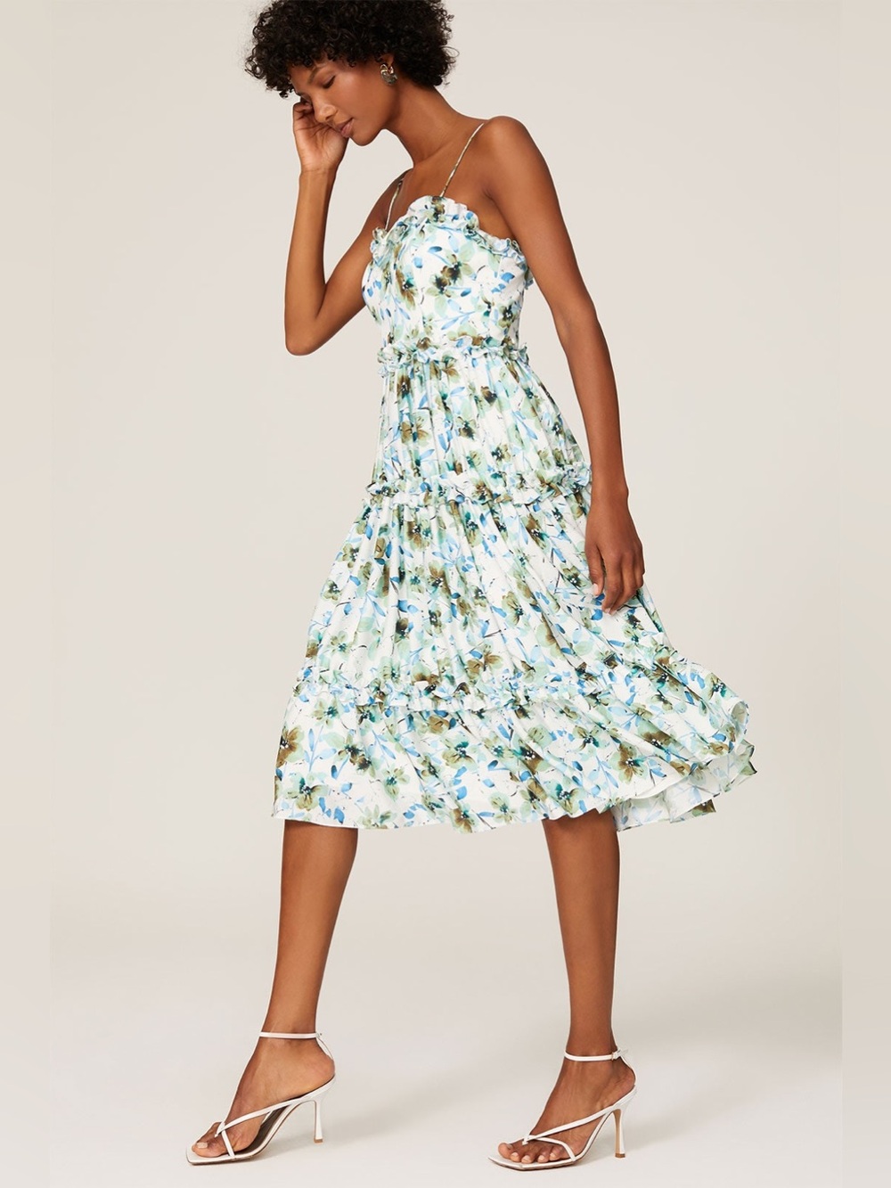 Badgley Mischka Blue & White Floral Ruffle Trim Midi Dress Sz: 4